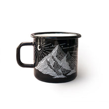 Load image into Gallery viewer, Black mug with mountain design on a white background
