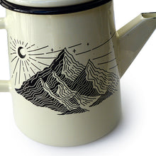 Load image into Gallery viewer, White teapot with black mountain design on a white background
